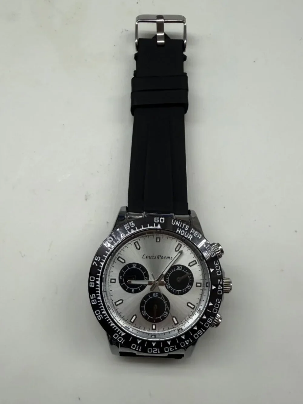 LOUIS POEMS MENS BLACK SILVER 42MM RUBBER BAND WATCH NEW